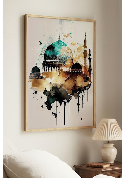 Zümrüt Yeşili Zeminli Altın Desenli Cami Tekli Ahşap Tablo - Siyah Ahşap Çerçeveli Ev Ve İş Tablosu