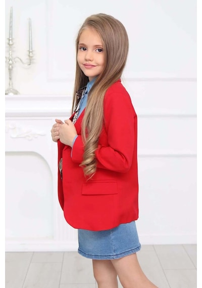 Riccotarz Kız Çocuk Leopar Desenli Fiyonk Detaylı Kot Gömlek Kırmızı Blazer Ceket Etekli Takım 001 Riccotarz Kız Çocuk Leopar Desenli Fiyonk Detaylı Kot Gömlek Kırmızı Blazer Ceket Etekli Takım 001