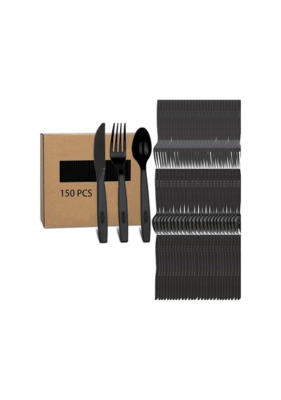 Plastik Siyah Çatal Kaşık Bıçak Seti Takımı- 100 Ad. Çatal + 100 Ad. Bıçak + 100 Ad. Kaşık - 18 Cm. Siyah