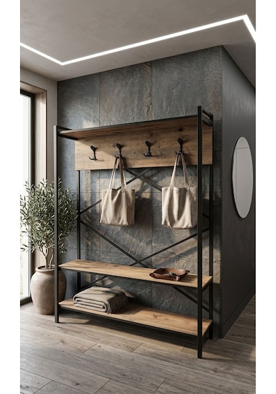 Loft Metal Ayakkabılıklı Portmanto Ve Askılık Konsept Hol Antre Mobilyası Siyah - Kahverengi Loft Metal Ayakkabılıklı Portmanto Ve Askılık Konsept Hol Antre Mobilyası Siyah - Kahverengi