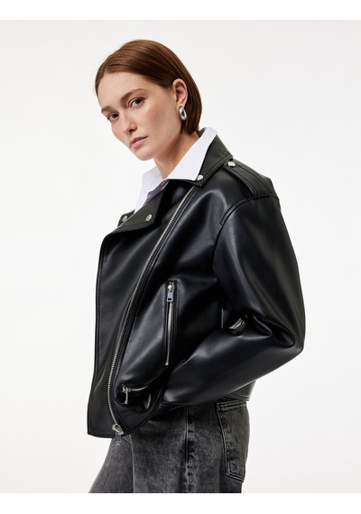 Koton Uzun Kollu Fermuarlı Oversize Biker Suni Deri Ceket Siyah 6sak20014ew