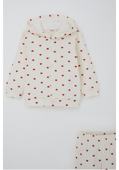 Breeze Kız Bebek Bodyli 3 Lü Takım Kalp Desenli Önden Çıtçıtlı 4 Ay-1 Yaş, Krem