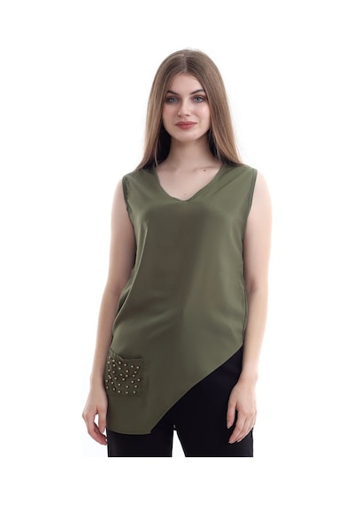 Self Clothing Kadın Yeşil V Yaka Cep Ve Yırtmaç Detaylı Bluz Slf1246-Yeşil