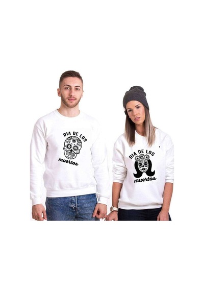 Tshirthane Dia De Los Muertos Sevgili Kombinleri Unisex Sweat Kırık Beyaz