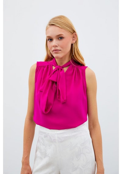 Sateen Fularlı Kolsuz Bluz - Fuşya