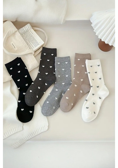 Hitit Socks Kadın 5 Çift Premium Kalite Kalpli Tenis Çorap Çok Renkli ASORTİ