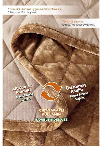 Evlen Home Kapitone Kadife Yatak Örtüsü Seti Çift Kişilik Supersoft 3 Parça Yumuşak Elyaf Dolgulu Kahve Kahverengi