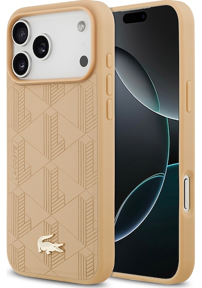 Apple Uyumlu iPhone 17 Pro Max Kılıf Lacoste Lisanslı M-safeli Pu Deri Karışık Monogram Desenli Kapak Bej Bej