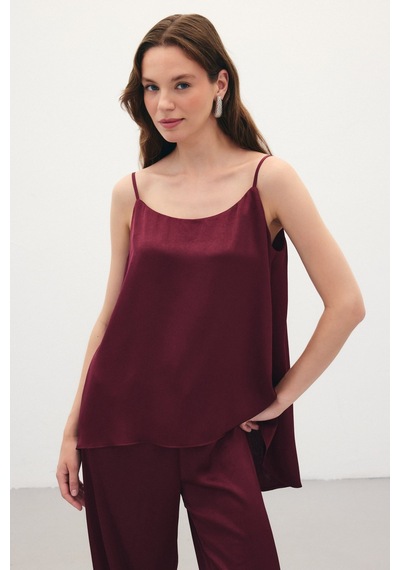 Sateen Askılı Saten Bluz - Bordo-136353 Bordo