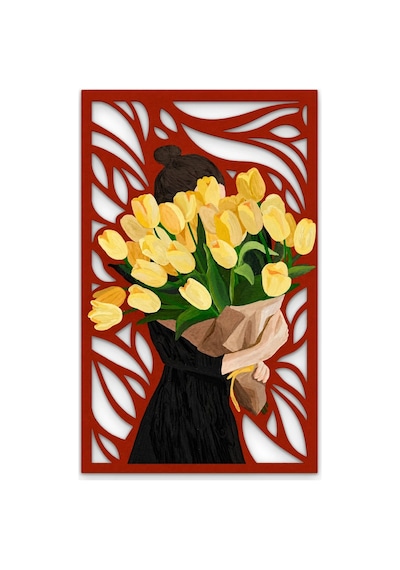 Sarı Lale Buketi Taşıyan Kadın - Metal Tablo - Dec0340 77 X 125 Cm Çok Renkli