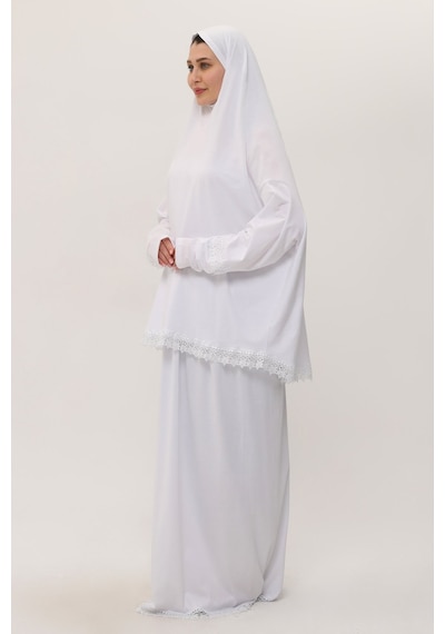 Hürrem Bone 2 Parça Namaz Elbisesi Pamuk Kumaş Dantelli 2205 42 Beyaz