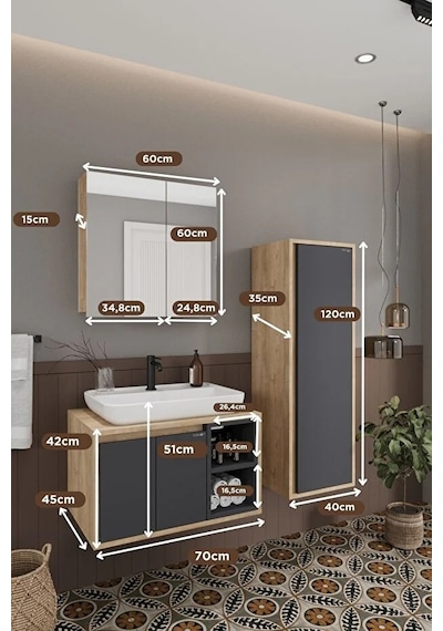 Lale 70 Cm Set %100 Mdf Lavabolu Banyo Dolabı + Aynalı Dolap + Boy Dolabı Antrasit