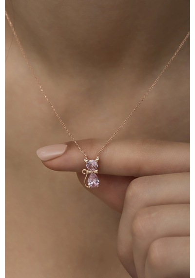 Nereze 925 Ayar Gümüş Pembe Taşlı Kedi Kolye