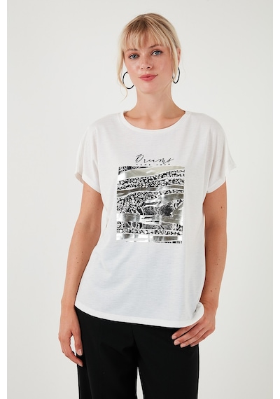 Lela Baskılı Bisiklet Yaka Regular Fit Bayan T Shirt 6671000 Ekru