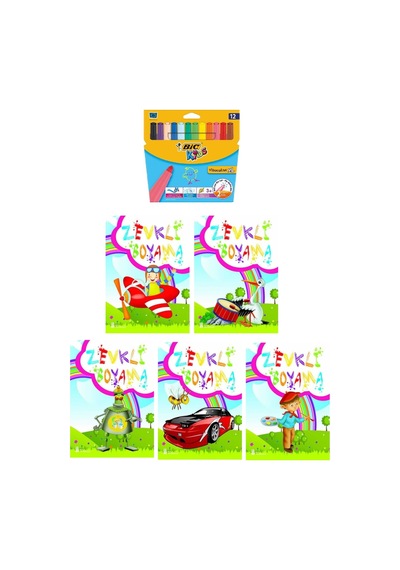 3-6 Yaş Zevkli Boyama Kitapları 5 Li +bic Kids Xl12 Li Keçeli Boya Jumbo