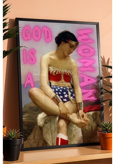 God Is A Woman Çerçeveli Tablo Vintage Görünümlü Feminist Duvar Sanatı Altered Art