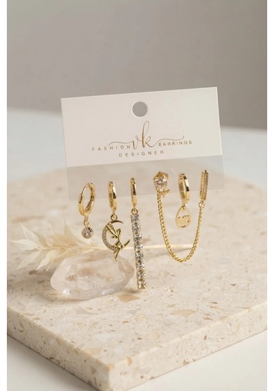 Zirkon Taşlı Gold Renk 6'lı Küpe Set Kombini Çok Renkli