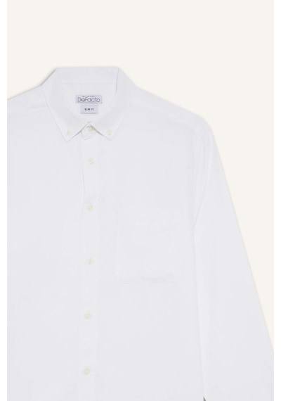 DeFacto Slim Fit Dar Kesim Polo Yaka Dokulu Uzun Kollu Beyaz Gömlek T2066AZ25SPWT34