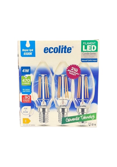 Ecolite 4w Led Filament Mum Ampul, E14 Duy, 6500k Beyaz Işık, 470 Lümen, Şeffaf Cam, Akkor Görünümlü Dekoratif L Diğer
