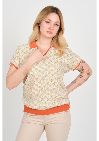 Ella Camelia Kadın Desenli Polo Yaka Beli Ve Kolları Lastikli Bluz 24e107 Kiremit Kiremit Ella Camelia Kadın Desenli Polo Yaka Beli Ve Kolları Lastikli Bluz 24e107 Kiremit Kiremit