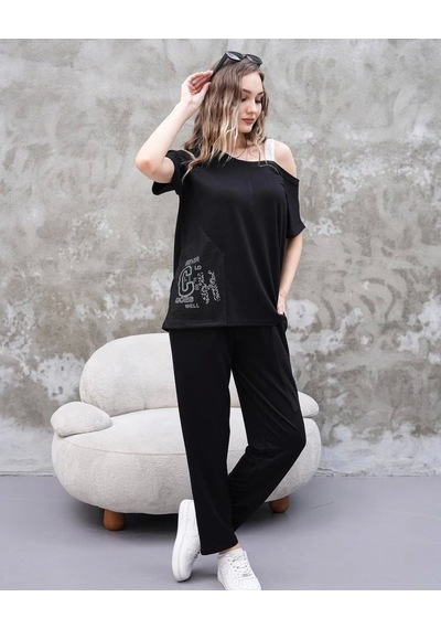 Defymoda Kadın Kayık Yaka Baskı Detay Salaş Bluz Ve Yüksek Bel Pantolon Ikili Takım Siyah