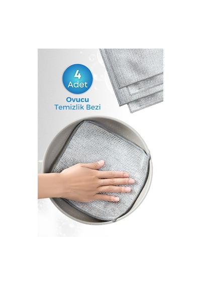 Grimorlife 4 Adet İnox Telli Ovucu 2 Katlı Temizlik Bezi- Çizmez Bulaşık Bezi Bulaşık Teli 20x20 Cm