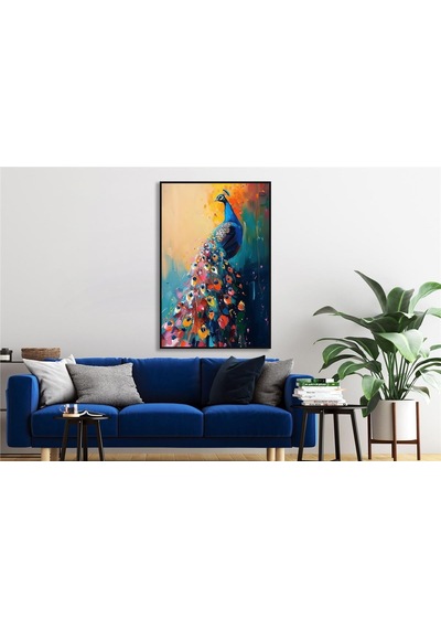 Yağlı Boya Dokulu Tablo Modern Renkli Tavus Kuşu Siyah Çerçeveli U04032-178946