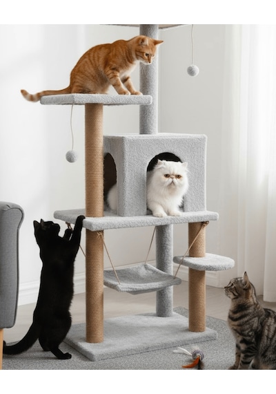 Reyo Pet Y01 Salıncaklı Yuvalı Lüx Kedi Tırmalama Oyun Evi Gri