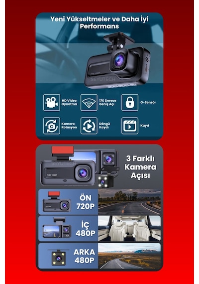 Harvox Araç Içi Hd Kamera 3 Kameralı Wifi Özellikli 1080p Full Hd Gece Görüşlü G-sensör Dashcam A98