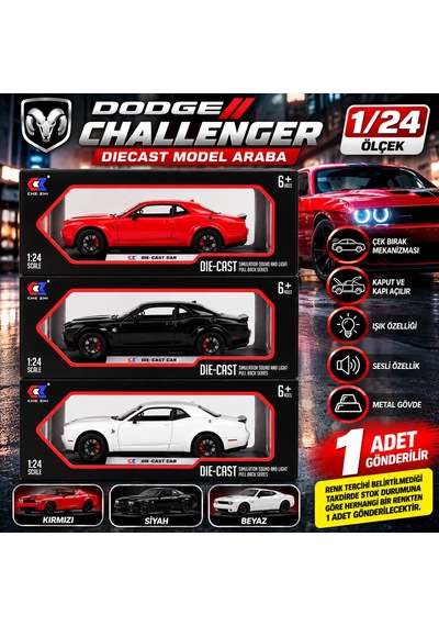 Dodge Challenger 1/24 Ölçek Sesli Işıklı Metal Model Araba Çek Bırak Mekanizmalı 1 Adet