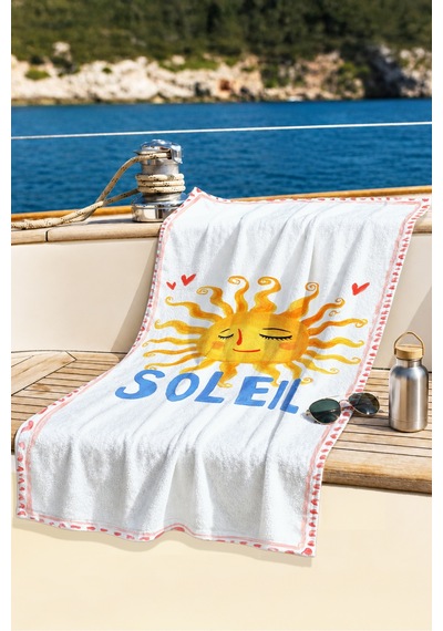 Güneş Temalı Bohem İtalyan Desenli Plaj Havlusu - Sarı Mavi Soleil Havuz Deniz Sahil Örtüsü Berrak Dalgası