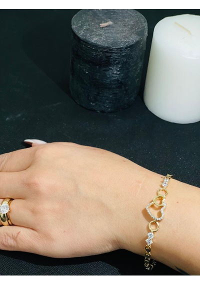 Mor Takı 14 Ayar Altın Kaplama Zirkon Taşlı Kalp Detay Bileklik Altın - Gold