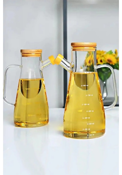 Bambu Standlı 2'li Cam Yağlık Sirkelik Seti 900 Ml Ölçekli Şeffaf