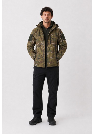 Maison Rae Erkek Outdoor Softshell Kamuflaj Mont Çıkarılabilir Kapüşonlu, Polar Astarlı, Çok Cepli, Patch Cırt Detaylı