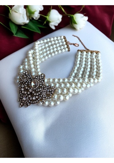 Zirkon Taşlı Choker Tasma Inci Kolye Beyaz