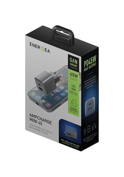 Energea Ampcharge Mini 45 1 Adet 45w Type-c Ve 30w Usb Çıkışlı Pd Pps Qc 3.0 Gan Hızlı Şarj Aleti - Siyah
