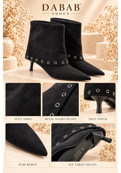 Dabab Shoes Lucıa Kadın Siyah Süet Görünümlü Metal Halka Detaylı Sivri Burun 5 Cm İnce Topuklu Kısa Bot Bootie