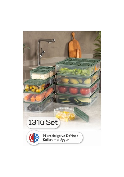 Vienev 13'lü Buzdolabı Dondurucu Organizer + Saklama Kabı Yeşil 6 x 350ml 2x 1,65lt 3x 3,5lt 2x 1,75lt Yeşil