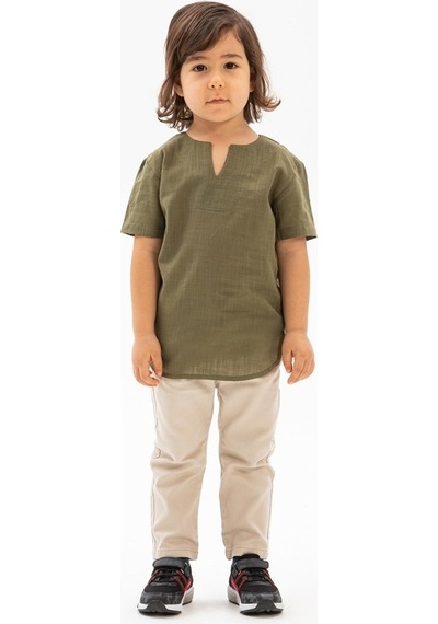 Eliş Şile Bezi Kısa Kol Şile Bezi Bisiklet Yaka Erkek Çocuk Tshirt Haki 3049