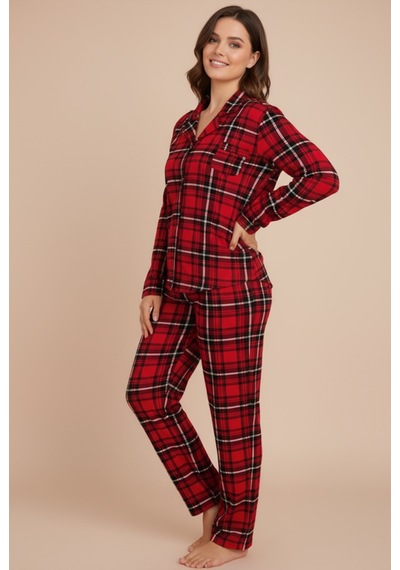 Bravie Luxury Viscose Kırmızı Ekose Desenli Kadın Uzun Kollu Büyük Beden Pijama Takımı 42513 Kırmızı