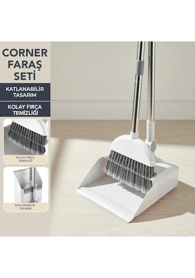 Deconox Corner Taraklı Ve Saplı Faraş Süpürge Seti - Katlanabilir Dik Faraş Takımı - Paslanmaz Çelik Saplı Ergonomik Temizlik Seti Beyaz - Antrasit
