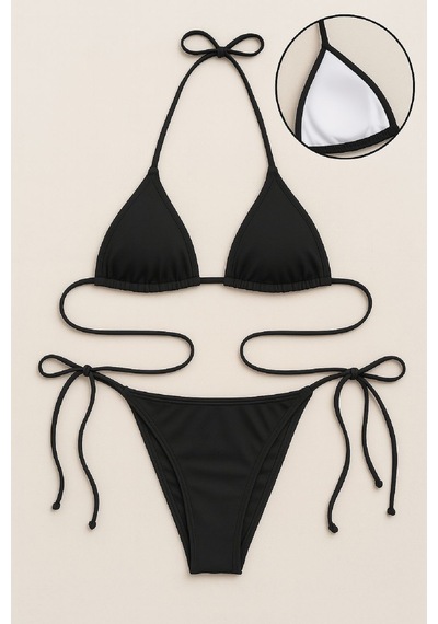 Moda Dua Kadın Siyah Yandan Ve Boyundan Bağlamalı Bikini Mayo Takımı