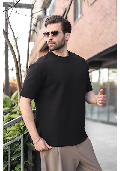 Madmext Siyah Bisiklet Yaka Oversize Erkek Tişört E7176