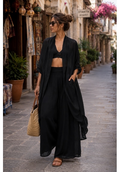 Bohem Stil Itayan Ipek Detaylı Oversize Kaftan- Pantolon Takım Siyah