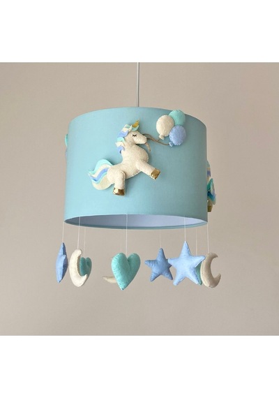 Mint Yeşili Beyaz Unicorn Figürlü Kız Veya Erkek Bebek Çocuk Odası El Yapımı Özel Tasarım Avize Mint Yeşili Mavi