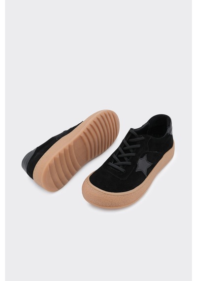 Derinet Hakiki Deri Bağcıklı Kadın Sneaker Siyah Siyah
