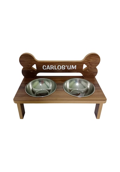 Realwood Ahşap Çelik Kaseli Özel İsim Baskılı Büyük Orta Irk Köpek Mama Su Kabı 1 L