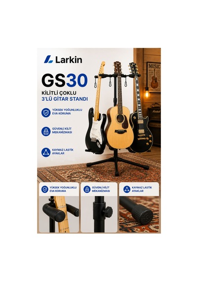 Larkin Gs30 Kilitli Çoklu 3lü Üçlü Gitar Bağlama Standı Sehpası