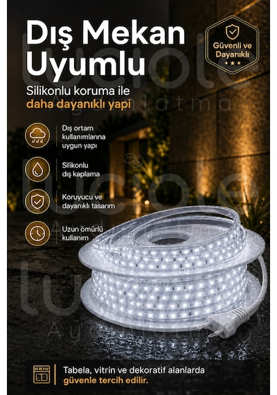 12 Metre 220v Beyaz Şerit Led Hazır Fişli Tak Çalıştır Silikonlu Yapışkanlı