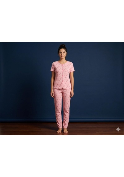 Sleeproom Yazlık Pembe Ananas Desenli Kısa Kol Penye %100 Pamuk Pijama Takım